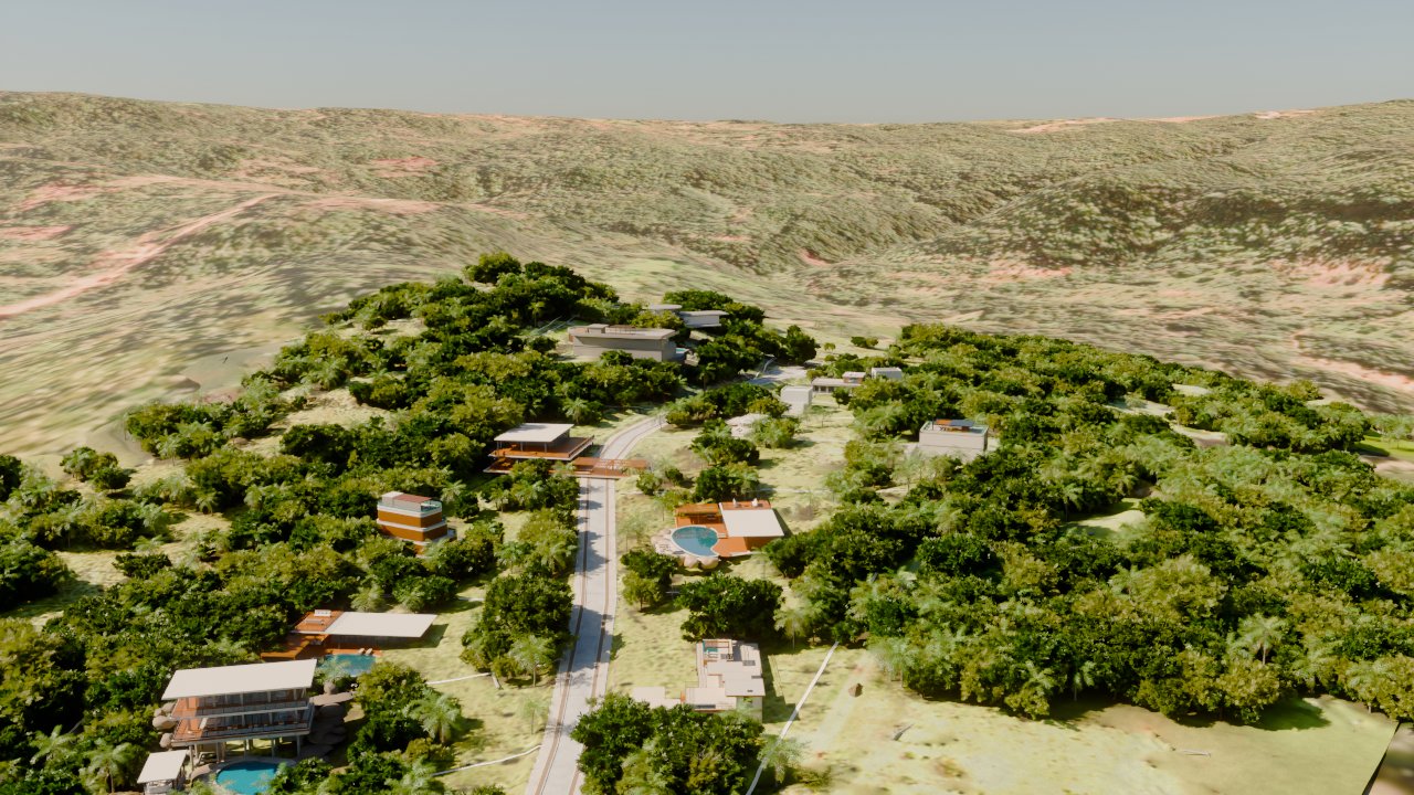 El terreno en 3D con las casas ubicadas