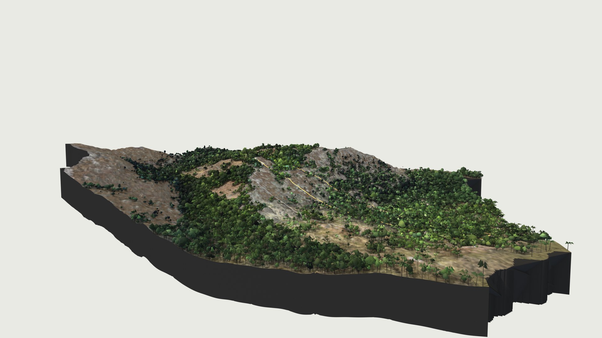 El terreno en 3D, con su relieve y su bosque
